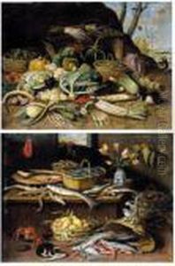A Still Life Set In An Interior 
With Various Fish And Eels, A Lobster, Snails, Oysters, Two Cats, Lemons
 And Tangerines In A Basket, Tulips In A Vase