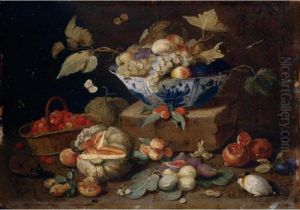 Still Life Of Apples And Grapes 
In A Blue-and-white Porcelain Bowl Together With Pomegranates, Figs, A 
Watermelon, A Basket Of by Jan van Kessel