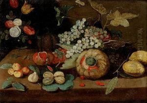 A Melon, Grapes, Oranges, Lemons And A Glass Bowl Of Flowers On A Ledge