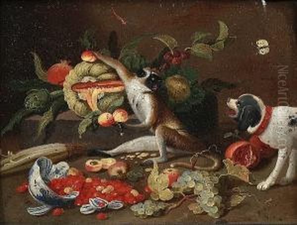 A Monkey With A Melon, An 
Artichoke, Peaches And A Cabbage On A Stone Ledge, An Overturned Bowl 
With Strawberries, Grapes And Celery, A Dog Nearby - view 1