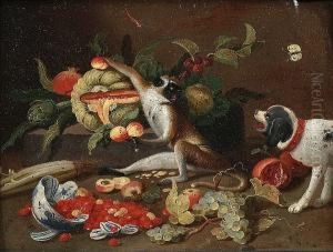A Monkey With A Melon, An
Artichoke, Peaches And A Cabbage On A Stone Ledge, An Overturned Bowl
With Strawberries, Grapes And Celery, A Dog Nearby by Jan van Kessel