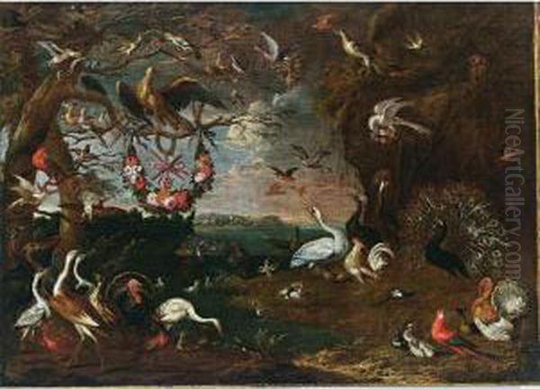 An Allegory Of The Order Of The
Knights Of Malta With An Eagle, Herons, Turkeys, A Cockatoo, A
Spoonbill, A Jay, Pheasants, Hoopoes, Pigeons, Ducks, A Lapwing, Owls, A
Swan, A Peacock, Chickens, Parrots, Cranes And A Macaw, All In A
Landscape - view 1
