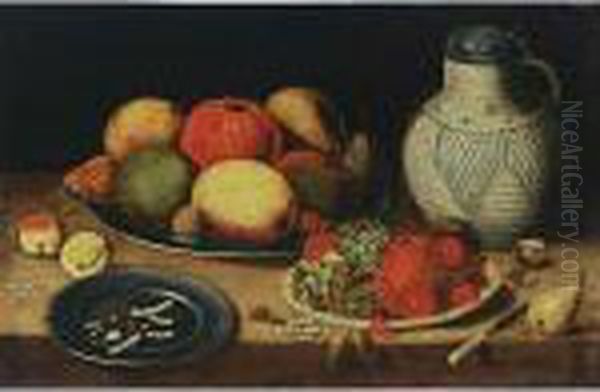 A Still Life With Apples, Pears,
An Orange, A Walnut, Grapes, Cherries And Hazelnuts, All On Pewter
Plates, Together With Apricots, A Knife, A Stoneware Jug With Cover, A
Walnut And A Pear, All On A Ledge - view 1