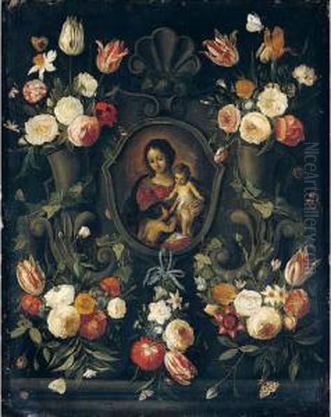A Stone Cartouche Adorned With 
Flowers And Butterflies, Surrounding An Image Of The Virgin And Child 
With The Infant Saint John The Baptist - view 1