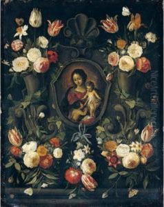 A Stone Cartouche Adorned With
Flowers And Butterflies, Surrounding An Image Of The Virgin And Child
With The Infant Saint John The Baptist by Jan van Kessel