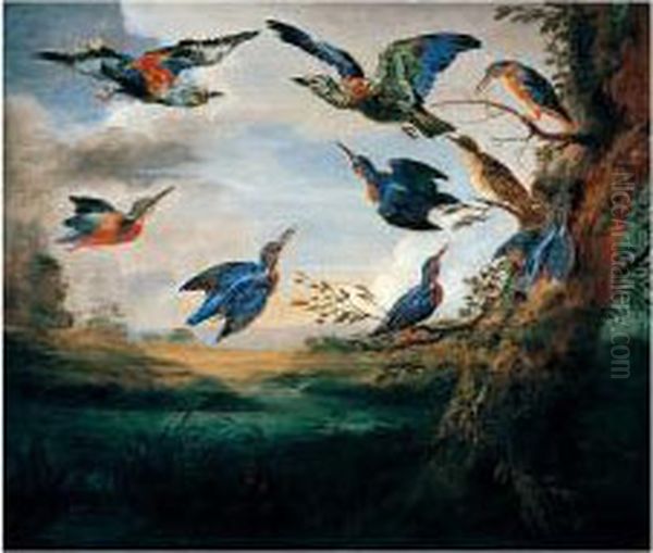 Kingfishers And Rollers In Flight In A River Landscape - view 1
