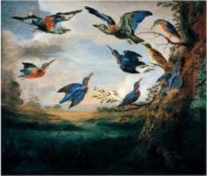 Kingfishers And Rollers In Flight In A River Landscape
