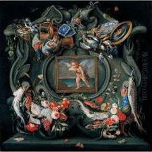 A Cartouche Embellished With 
Fish, Flowers, Fruit, Game, Armour, Hunting Equipment And Other Objects,
 Encircling A Framed Picture Of Cupid