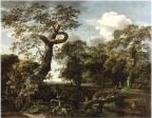A Wooded River Landscape With Fishermen, A Hunter And Travellers A Wooded River Landscape With Fishermen, A Hunter And Travellers