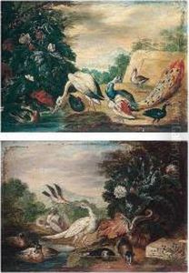 Landscapes With A Peacock, Turkey, Pheasant, Duck, Jay, Guinea Pigs, A Snake And A Heron by Jan van Kessel