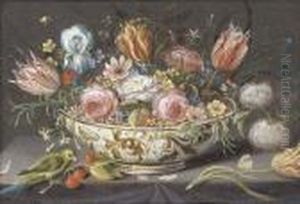 Carnations, Roses, Tulips And 
Other Flowers In A Porcelain Bowl On A Ledge With A Finch, Cherries And A
 Butterfly