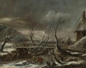 Winterlandschaft Mit Einer Holzbrucke Uber Einem Kanal