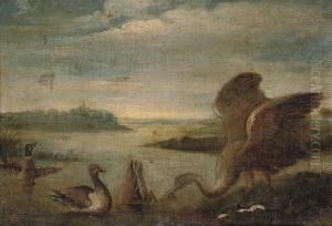 A River Landscape With A Heron And Ducks by Jan van Kessel