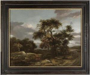 A Wooded Landscape With Travellers On A Winding Road by Jan van Kessel