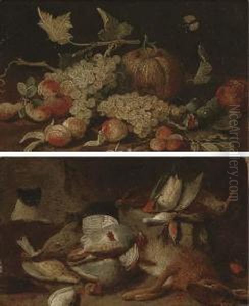 Grapes, Peaches, Figs, Apricots
And A Pumpkin On A Wooden Ledge,with A Cabbage White Butterfly - view 1