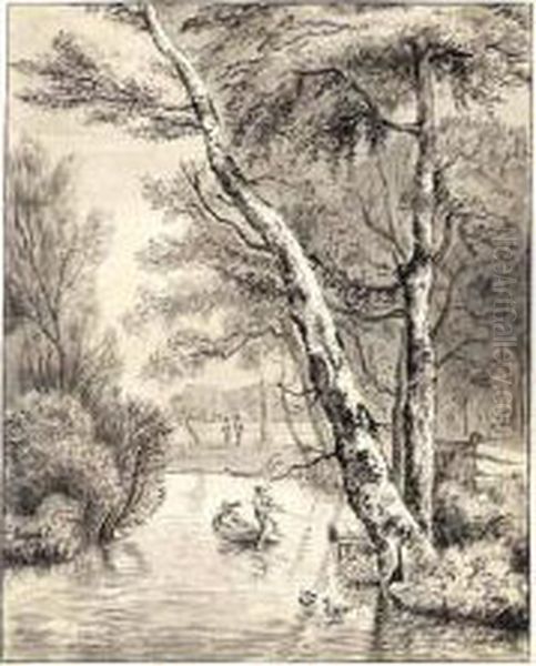 River Scene With A Couple In A Boat Near Large Trees - view 1