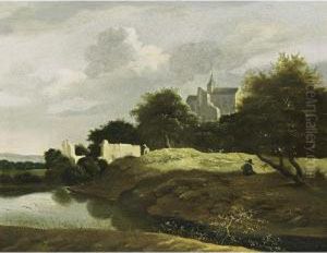 A Wooded Landscape With A Small
River In The Foreground And Ruins Nearby, A View Of A Castle Beyond by Jan van Kessel