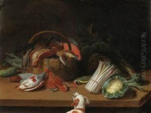 Partridges, A Woodcock,
Thrushes, A Starling And Other Birds In Abasket With A Woodpecker, A
Cabbage, A Cauliflower, A Bunch Ofasparagus, An Artichoke And Other
Vegetables On A Table, A Doglooking On by Jan van Kessel