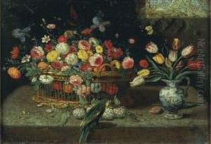 Nature Morte Aux Panier, Vase De Fleurs Et Perroquet Sur Un Entablement