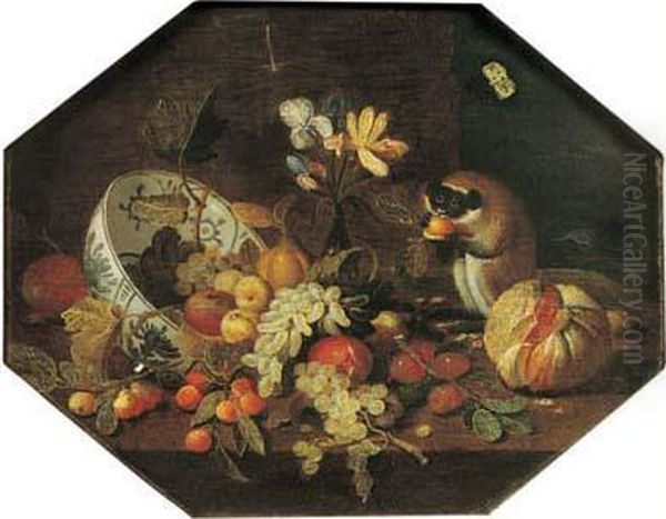 Nature Morte A La Coupe De Fruits Et Petit Singe - view 1