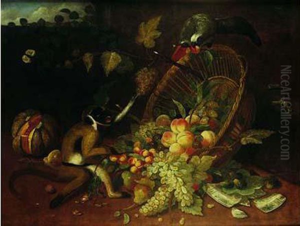 Singe Et Perroquet Bousculant Une Corbeille De Fruits - view 1