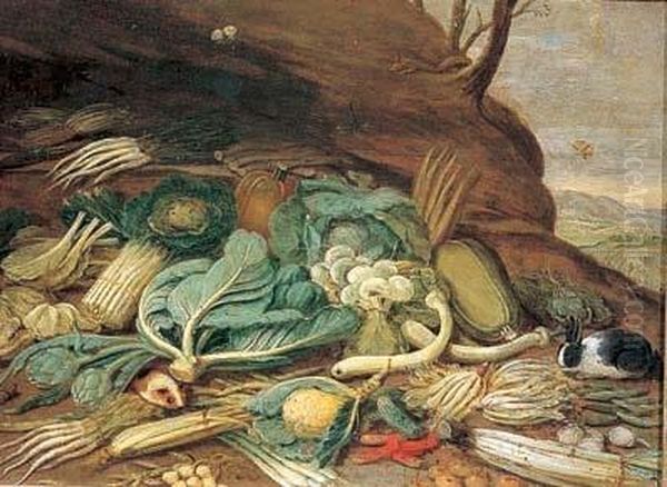 Natura Morta Con Ortaggi, Coniglio E Animaletti In Un Paesaggio - view 1