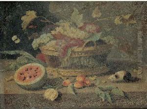 Nature Morte Au Panier De Raisins, Abricots Et Pasteques Sur Un Entablement
