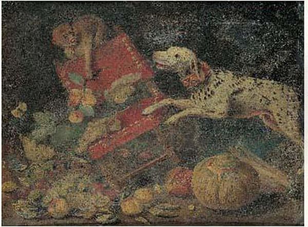 Un Singe Narguant Un Chien Dans Un Interieur - view 1