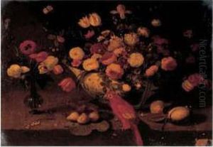Nature Morte A La Coupe De Fleurs Et Au Perroquet