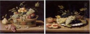 Still Life Of Fruit In A Basket 
And Still Life Of Grapes On A White Plate: A Pair Of Paintings