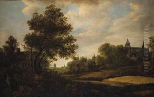 A Landscape With Peasants Outside A Cottage Near A Hamlet, Awindmill Beyond