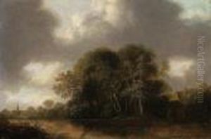 A Wooded River Landscape With A Cottage, A Church Spirebeyond