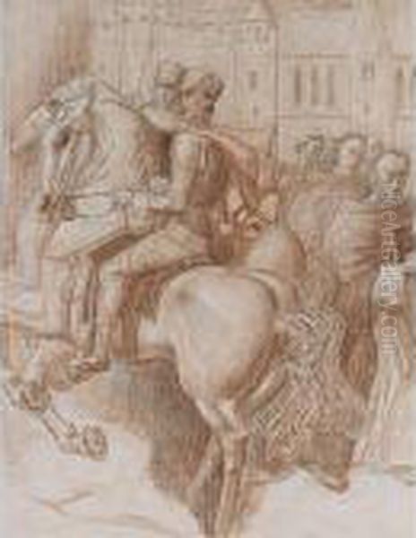 Two Horsemen Passing A Group Of Monks - view 1