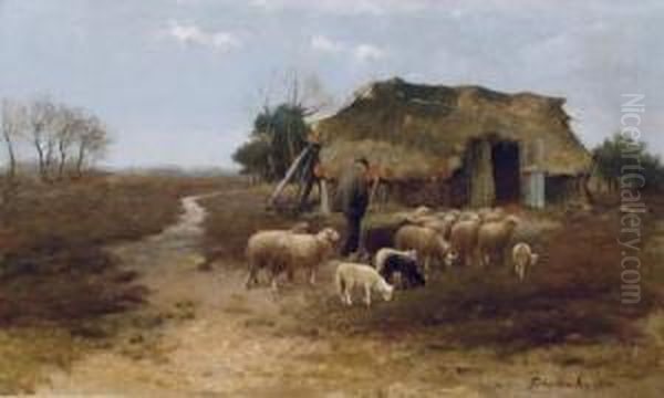 Schafer Mit Seiner Herde Vor Dem Stall - view 1