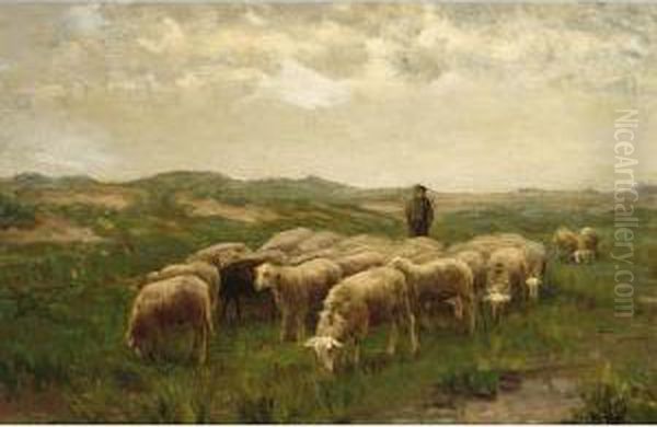 A Shepherd With His Flock In The Heathland - view 1