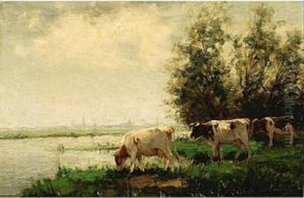 Cows In A Meadow Together With Another Work By The Same Artist by Fedor Van Kregten