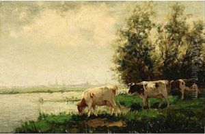 Cows In A Meadow Together With Another Work By The Same Artist by Fedor Van Kregten