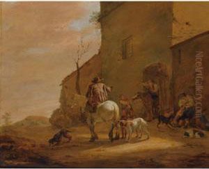 A Landscape With Horsemen 
Leaving An Inn, Together With Their Dogs, A Man Feeding Other Dogs To 
The Right by Pieter Van Laer (BAMBOCCIO)