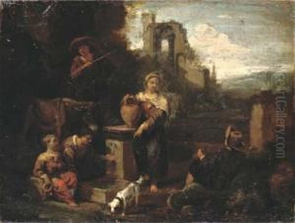 An Italianate Landscape With Figures Resting By A Well, Classicalruins Beyond - view 1