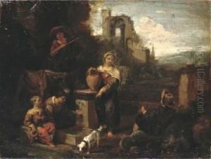 An Italianate Landscape With Figures Resting By A Well, Classicalruins Beyond by Pieter Van Laer (BAMBOCCIO)