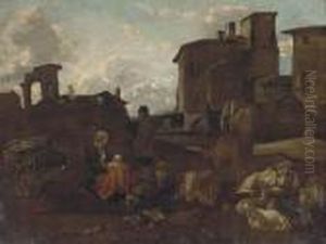 An Italainate Landscape With A Drover, His Family And Cattle