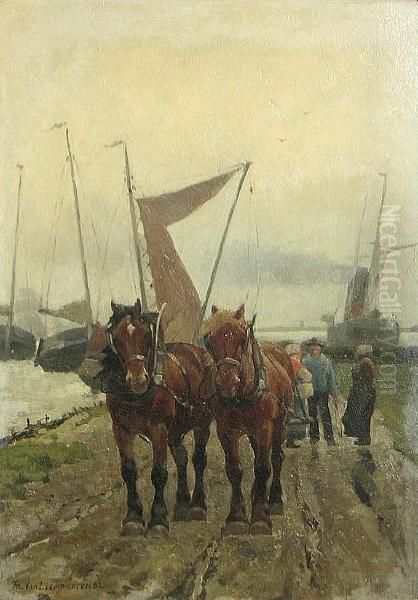 Draft Horses And Figures On A Path By The Water's Edge - view 1