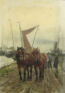 Draft Horses And Figures On A Path By The Water's Edge Draft Horses And Figures On A Path By The Water's Edge