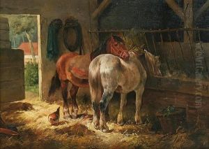 "a Flemish Stable", With Horses And Chicks by Frans Van Leemputten