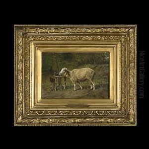 Sheep And A Chicken In A Field by Frans Van Leemputten