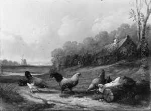 Weite Landschaft Mit Huhnern Vor Einem Bauernhaus. by Frans Van Leemputten