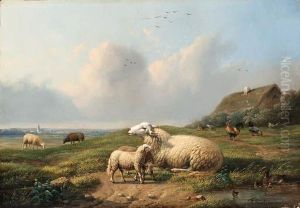 A Pastorale Landscape With Sheep, Chickens And Ducks by Frans Van Leemputten