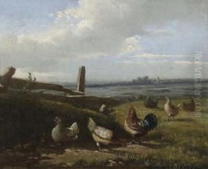 Huhner Auf Der Wiese. by Jean-Baptiste Van Leemputten