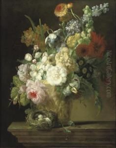 Roses, Chrysanthemums, Anemonies
 And Other Flowers In A Sculptedvase With A Bird's Nest On A Stone Ledge