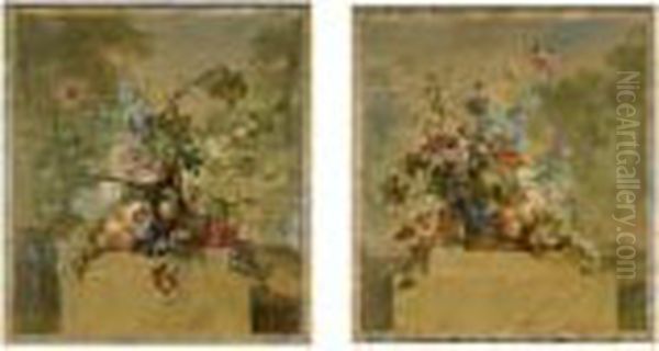Still Lifes Of Fruit And Flowers In Baskets On Marble Socles, In A Landscape Setting - view 1